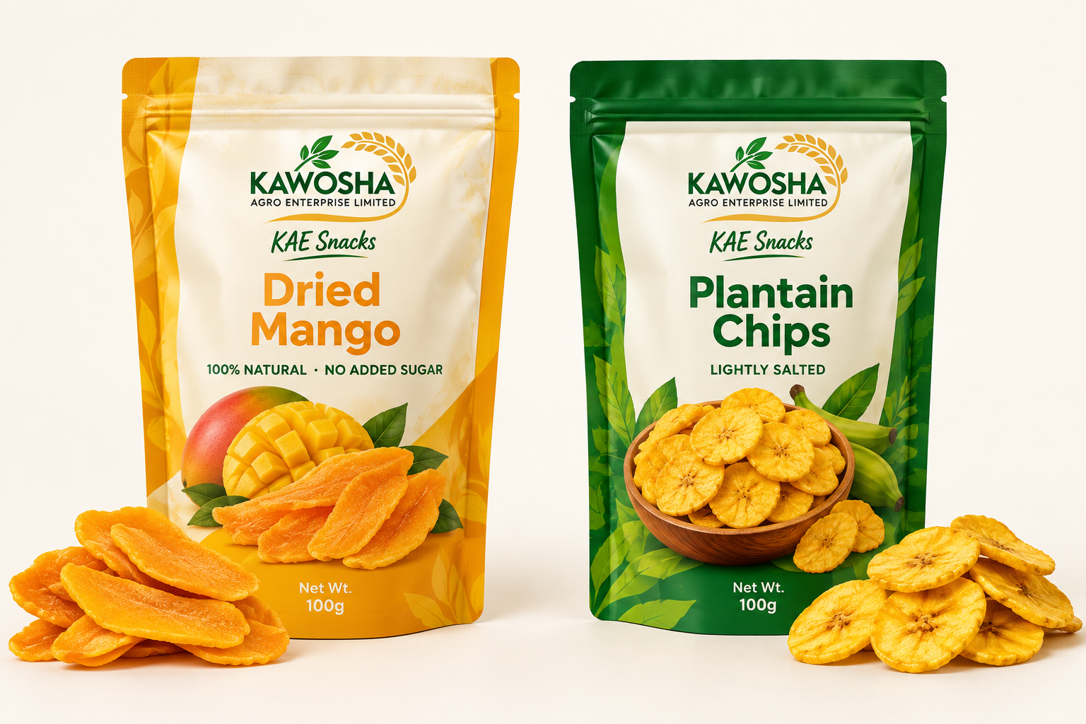 KAE Snacks dried mango and plantain chips product mock-ups